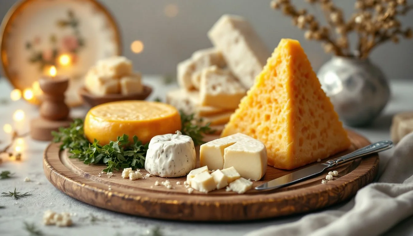 An assortment of cheeses is displayed on a cheeseboard, illustrating the variety to include.