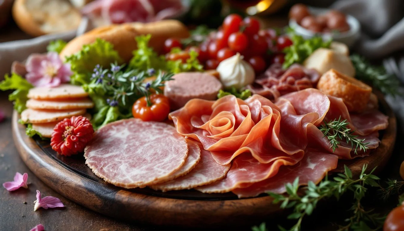 A selection of charcuterie meats beautifully displayed on a cheeseboard.
