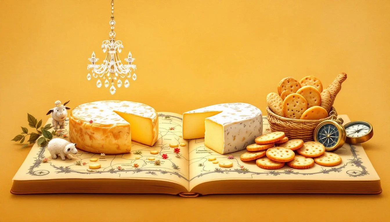 A gourmet cheese board featuring a variety of cheeses and accompaniments.