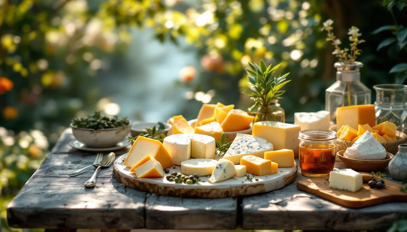 A festive cheese-tasting party setup with various cheese dips and accompaniments.