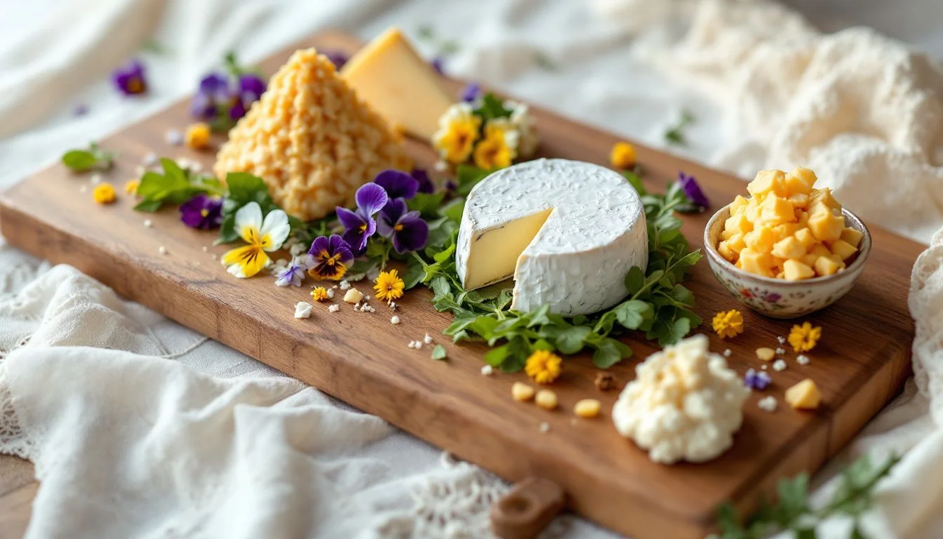 An artistically presented cheeseboard with various cheeses and garnishes.