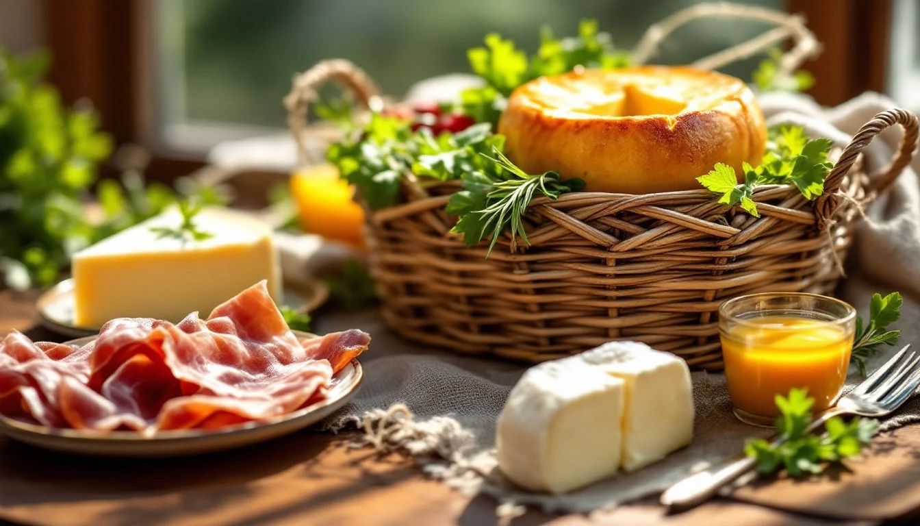 Essential cheeses for a gourmet basket, including various types of cheese.
