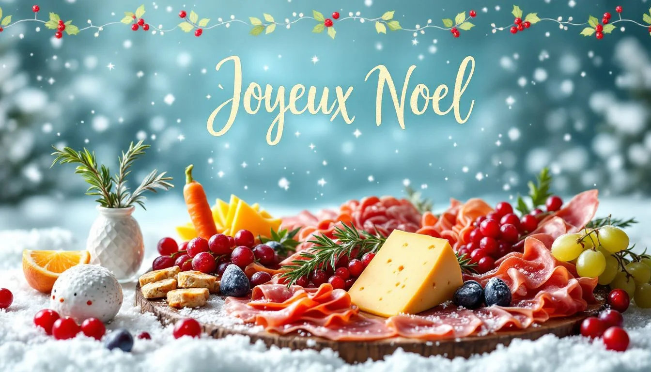 A holiday charcuterie board showcasing cheese with various meats and accompaniments.