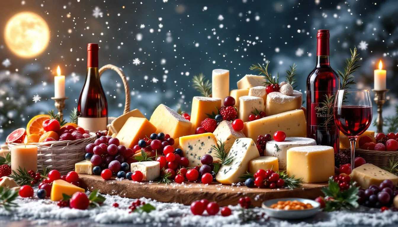Pairing suggestions for a holiday cheeseboard with wine and fruits.